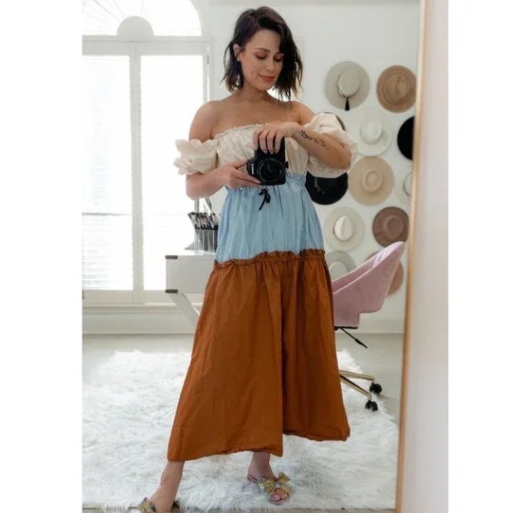 ENGLISH‎ FACTORY Tiered Maxi Dress Puff Sleeve Square Neck Colorblock L